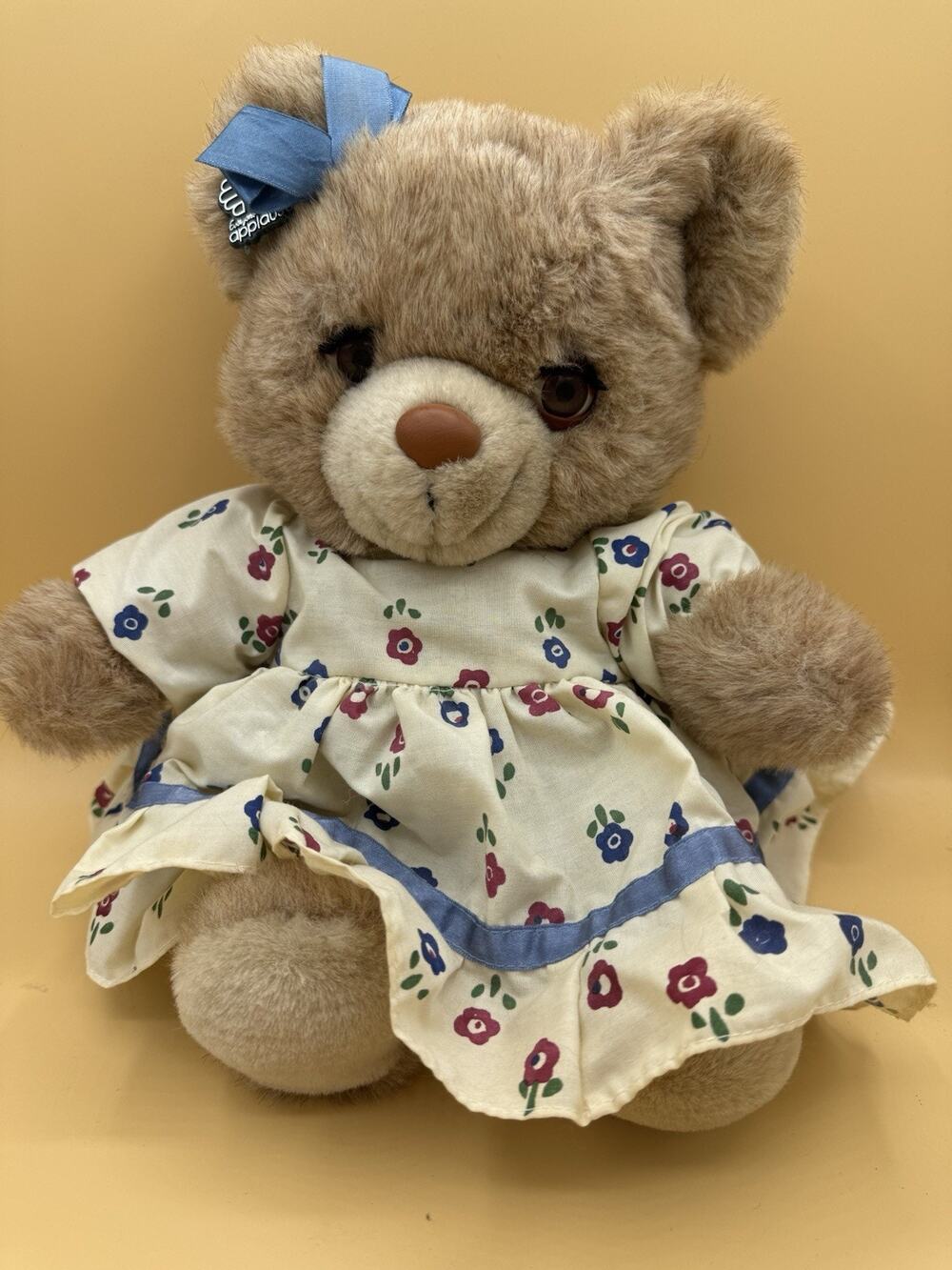 Vintage Applause Teddy Bear Plush 12” Floral Dress Blue Ribbon Stuffed Animal